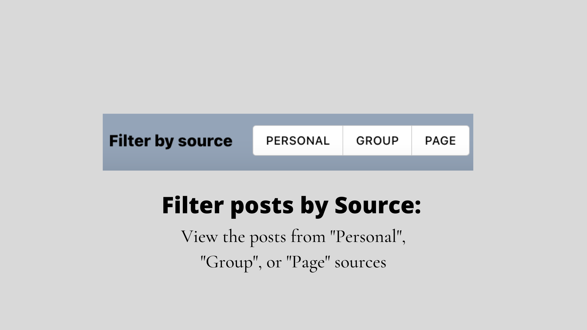 Filter posts by Source: You can see the posts only from Personal, Group, or Page