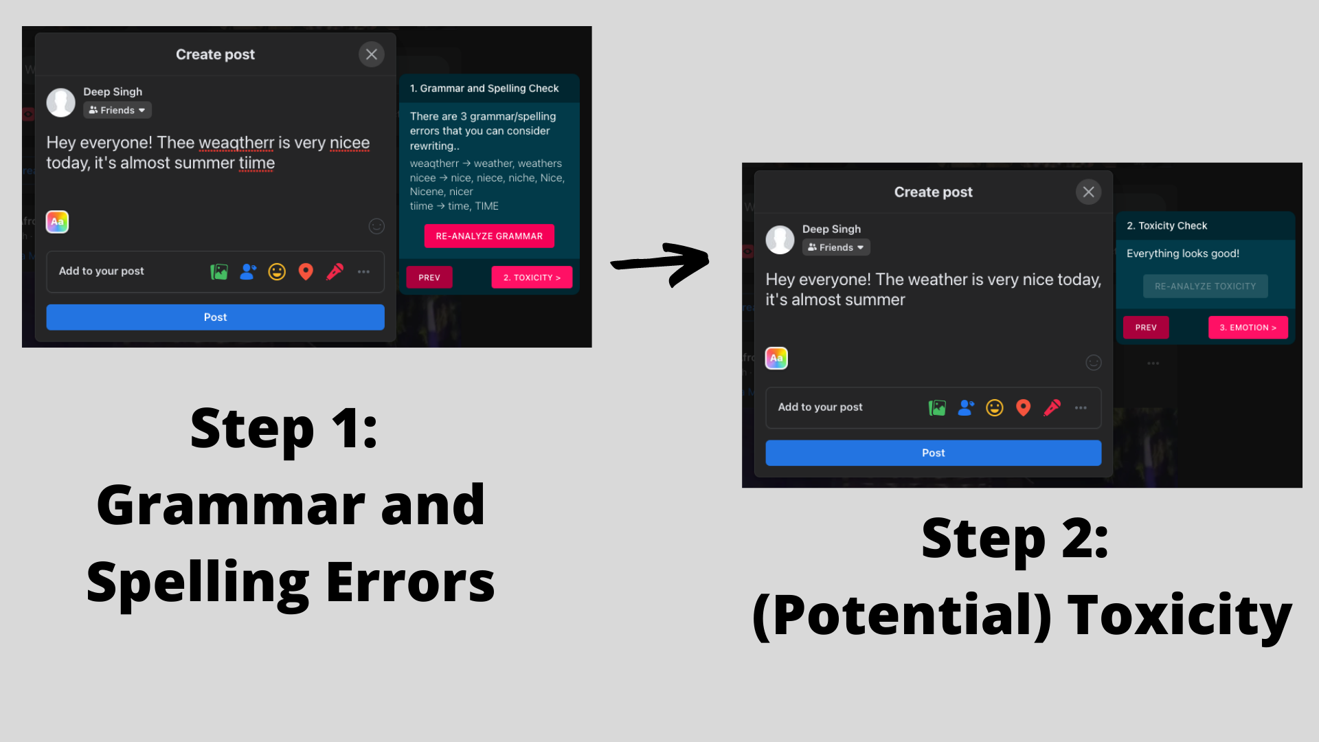 Step 1: Grammar and Spelling Errors, Step 2: (Potential) Toxicity